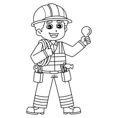 İnşaat işçisi bir elektrikçinin sevimli ve komik renkli sayfası. Çocuklar için saatlerce boyama eğlencesi sağlıyor. Renklendirmek için, bu sayfa çok kolaydır. Küçük çocuklar ve yeni yürümeye başlayanlar için uygun..