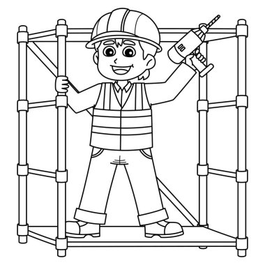İnşaat işçisinin iskeledeki sevimli ve komik renkli sayfası. Çocuklar için saatlerce boyama eğlencesi sağlıyor. Renklendirmek için, bu sayfa çok kolaydır. Küçük çocuklar ve yeni yürümeye başlayanlar için uygun..