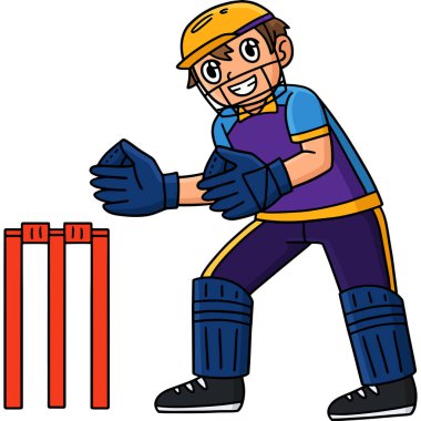 This cartoon clipart shows a Cricket Wicketkeeper Crouching illustration.  clipart