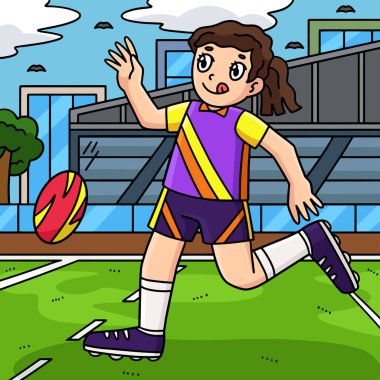 Bu karikatür klip kısa bir gösteri yapan bir kadın rugby oyuncusunu gösteriyor.