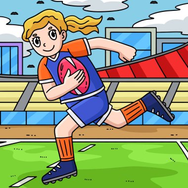 This cartoon clipart shows a Female Rugby Player Running the Ball illustration. clipart