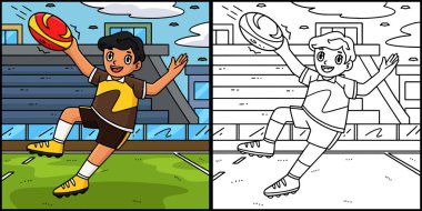 Bu boyama sayfası topu yakalayan bir Rugby oyuncusunu gösteriyor. Bu illüstrasyonun bir tarafı renkli ve çocuklar için bir ilham kaynağı..