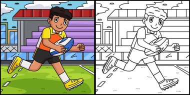 Bu boyama sayfası topu koşturan bir Rugby oyuncusunu gösteriyor. Bu illüstrasyonun bir tarafı renkli ve çocuklar için bir ilham kaynağı..