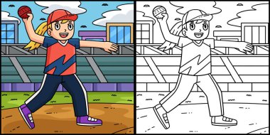 This coloring page shows a Cricket Female Bowler Ready to Throw a Ball. One side of this illustration is colored and serves as an inspiration for children. clipart