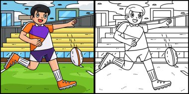 Bu renkli sayfa, Short Punt yapan bir Rugby oyuncusunu gösteriyor. Bu illüstrasyonun bir tarafı renkli ve çocuklar için bir ilham kaynağı..