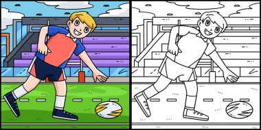 Bu boyama sayfası bir Rugby oyuncusunun topu kaldırışını gösteriyor. Bu illüstrasyonun bir tarafı renkli ve çocuklar için bir ilham kaynağı..