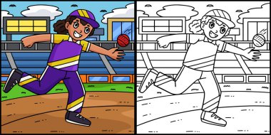 Bu renklendirme sayfasında bir Cricket Female Fielder 'ın topu yakaladığı görülüyor. Bu illüstrasyonun bir tarafı renkli ve çocuklar için bir ilham kaynağı..