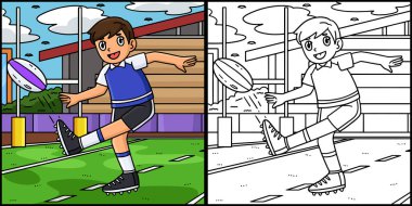 Bu boyama sayfası bir Rugby oyuncusunun topa vuruşunu gösteriyor. Bu illüstrasyonun bir tarafı renkli ve çocuklar için bir ilham kaynağı..