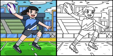 Bu boyama sayfası, topu paslayan bir kadın rugby oyuncusunu gösteriyor. Bu illüstrasyonun bir tarafı renkli ve çocuklar için bir ilham kaynağı..