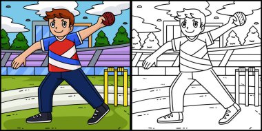 Bu boyama sayfasında topu atmaya hazır bir kriket oyuncusu var. Bu illüstrasyonun bir tarafı renkli ve çocuklar için bir ilham kaynağı..