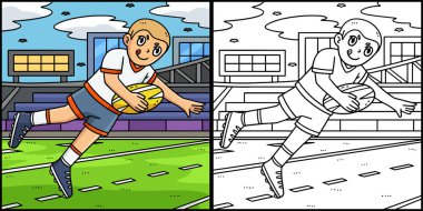 Bu renkli sayfa, sayı yapmaya çalışan bir Rugby oyuncusunu gösteriyor. Bu illüstrasyonun bir tarafı renkli ve çocuklar için bir ilham kaynağı..