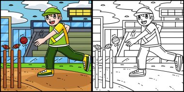 Bu boyama sayfasında bir kriket oyuncusunun Bails 'e çarptığı yazıyor. Bu illüstrasyonun bir tarafı renkli ve çocuklar için bir ilham kaynağı..