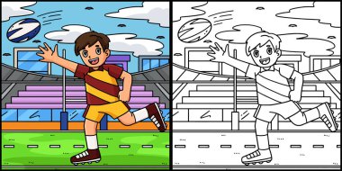 Bu boyama sayfası bir Rugby oyuncusunun topu kovalamasını gösteriyor. Bu illüstrasyonun bir tarafı renkli ve çocuklar için bir ilham kaynağı..