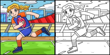 Bu boyama sayfası topu koşturan kadın bir rugby oyuncusunu gösteriyor. Bu illüstrasyonun bir tarafı renkli ve çocuklar için bir ilham kaynağı..