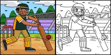 This coloring page shows a Cricket Player Hitting the Ball. One side of this illustration is colored and serves as an inspiration for children. clipart