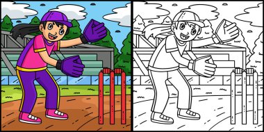 Bu renkli sayfa dişi bir kriket kalecisini gösteriyor. Bu illüstrasyonun bir tarafı renkli ve çocuklar için bir ilham kaynağı..