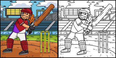 Bu boyama sayfasında vurmaya hazır bir Kriket Yarasası Kadın var. Bu illüstrasyonun bir tarafı renkli ve çocuklar için bir ilham kaynağı..