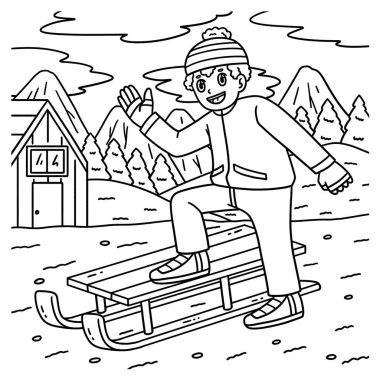 Kızak yarışına hazırlanan bir çocuğun sevimli ve komik renkli sayfası. Çocuklar için saatlerce boyama eğlencesi sağlıyor. Renklendirmek için, bu sayfa çok kolaydır. Küçük çocuklar ve yeni yürümeye başlayanlar için uygun..