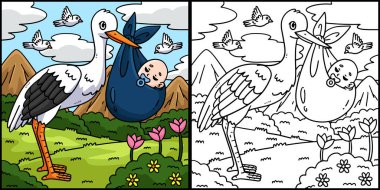 Bu boyama sayfasında Bebek Götüren Leylek var. Bu illüstrasyonun bir tarafı renkli ve çocuklar için bir ilham kaynağı..