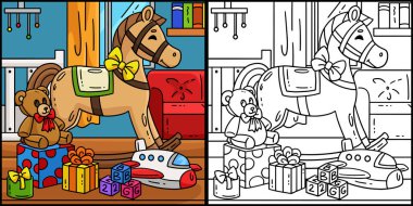 Bu boyama sayfasında hediyeli Bebek Duşu Oyuncak Atı var. Bu illüstrasyonun bir tarafı renkli ve çocuklar için bir ilham kaynağı..