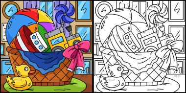 Bu boyama sayfasında Bebek Oyuncak Bebek Kutusu var. Bu illüstrasyonun bir tarafı renkli ve çocuklar için bir ilham kaynağı..