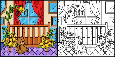 Bu boyama sayfasında Bebek Duşu Bebek Beşiği var. Bu illüstrasyonun bir tarafı renkli ve çocuklar için bir ilham kaynağı..