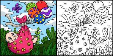 Bu boyama sayfasında Bebek Götüren Bebek Balonu var. Bu illüstrasyonun bir tarafı renkli ve çocuklar için bir ilham kaynağı..