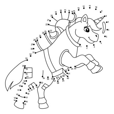 Noktaları şirin ve komik bir şekilde tek boynuzlu at astronot renklendirme sayfasına bağlıyor.