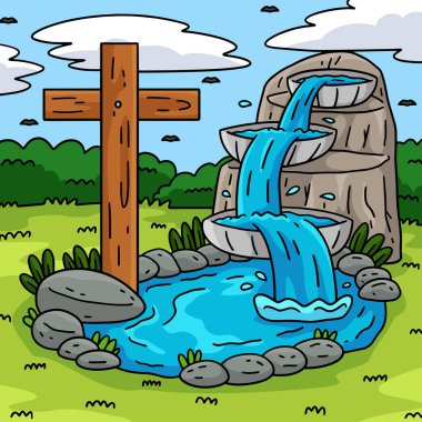 Bu karikatür klibinde bir Vaftiz Çeşmesi ve Haç illüstrasyonu var..