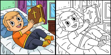 Bu renkli sayfa, İncil 'i tutan bir Vaftiz Bebeği' ni gösteriyor. Bu illüstrasyonun bir tarafı renkli ve çocuklar için bir ilham kaynağı..