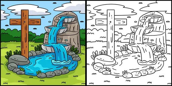 Bu boyama sayfasında Vaftiz Çeşmesi ve Haç var. Bu illüstrasyonun bir tarafı renkli ve çocuklar için bir ilham kaynağı..