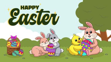 Mutlu Paskalya Yumurtası Avlama Posteri Panoramik afişi web pankartları, posterler, tebrik kartları, davetiyeler veya şık vektör resimli şablonlar için mükemmeldir. 