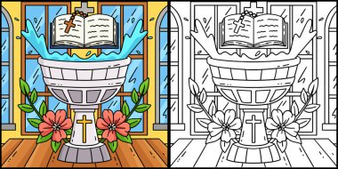 Bu boyama sayfası Vaftiz Yazı Tipi ve İncil 'i gösteriyor. Bu illüstrasyonun bir tarafı renkli ve çocuklar için bir ilham kaynağı..