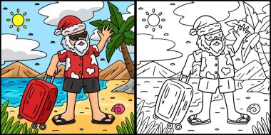 Bu boyama sayfasında Noel Baba 'nın Temmuz' da tatilde olduğu yazıyor. Bu illüstrasyonun bir tarafı renkli ve çocuklar için bir ilham kaynağı..