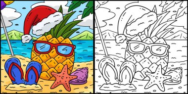 Bu boyama sayfası Temmuz 'da Ananas ve Gözlük' teki bir Noel 'i gösteriyor. Bu illüstrasyonun bir tarafı renkli ve çocuklar için bir ilham kaynağı..