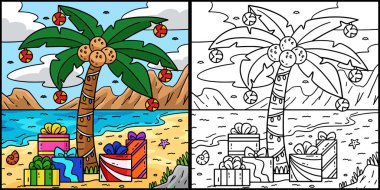 Bu renklendirme sayfası Temmuz Hindistan Cevizi Ağacı 'nda hediyeli bir Noel' i gösteriyor. Bu illüstrasyonun bir tarafı renkli ve çocuklar için bir ilham kaynağı..