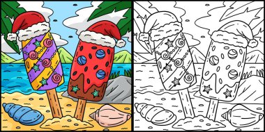 Bu boyama sayfası temmuz ayındaki şapkalı bir Noel 'i gösteriyor. Bu illüstrasyonun bir tarafı renkli ve çocuklar için bir ilham kaynağı..