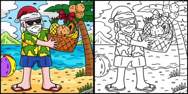 Bu boyama sayfasında Temmuz 'da Noel Baba' nın bir sepet meyveli hali var. Bu illüstrasyonun bir tarafı renkli ve çocuklar için bir ilham kaynağı..