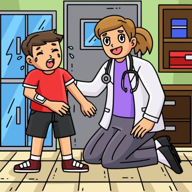 Bu karikatür, bir çocuğu rahatlatan kadın doktoru gösteriyor..