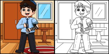 Bu boyama sayfasında Tefillin süren bir Bar Mitzvah Çocuğu var. Bu illüstrasyonun bir tarafı renkli ve çocuklar için bir ilham kaynağı..