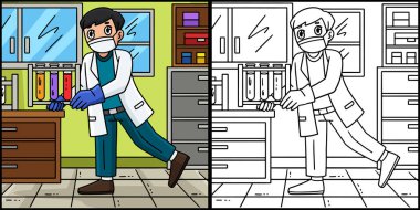 Bu boyama sayfasında Sıvı Şişeleri olan bir doktor var. Bu illüstrasyonun bir tarafı renkli ve çocuklar için bir ilham kaynağı..