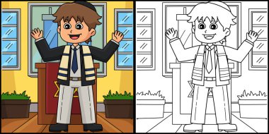 Bu boyama sayfasında bir Bar Mitzvah çocuğunun konuşma yaptığı yazıyor. Bu illüstrasyonun bir tarafı renkli ve çocuklar için bir ilham kaynağı..