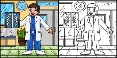 Bu boyama sayfasında X-Ray filmli bir doktor var. Bu illüstrasyonun bir tarafı renkli ve çocuklar için bir ilham kaynağı..