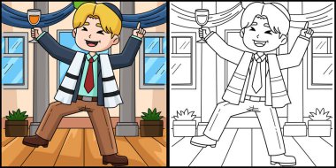 Bu boyama sayfası bir Bar Mitzvah çocuğunun parti verdiğini gösteriyor. Bu illüstrasyonun bir tarafı renkli ve çocuklar için bir ilham kaynağı..