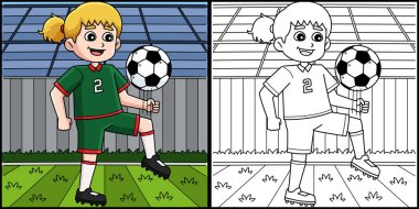 Bu renklendirme sayfası diziyle top süren bir bayan futbolcuyu gösteriyor. Bu illüstrasyonun bir tarafı renkli ve çocuklar için bir ilham kaynağı..