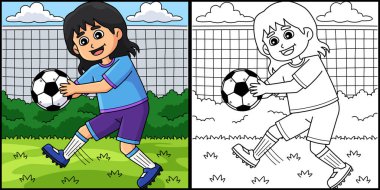 Bu renklendirme sayfası bir Kadın Futbolcu Vuruşunu gösteriyor. Bu illüstrasyonun bir tarafı renkli ve çocuklar için bir ilham kaynağı..