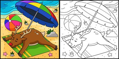 Bu boyama sayfası Temmuz Ren geyiği güneşlenmesini gösteriyor. Bu illüstrasyonun bir tarafı renkli ve çocuklar için bir ilham kaynağı.. 