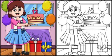 Bu boyama sayfasında doğum gününü kutlayan bir Bat Mitzvah Kızı var. Bu illüstrasyonun bir tarafı renkli ve çocuklar için bir ilham kaynağı..