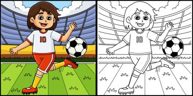 Bu renklendirme sayfası, top numaraları olan bir bayan futbolcuyu gösteriyor. Bu illüstrasyonun bir tarafı renkli ve çocuklar için bir ilham kaynağı..