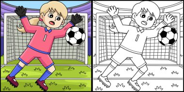Bu boyama sayfası bayan bir futbolcu kaleciyi gösteriyor. Bu illüstrasyonun bir tarafı renkli ve çocuklar için bir ilham kaynağı..